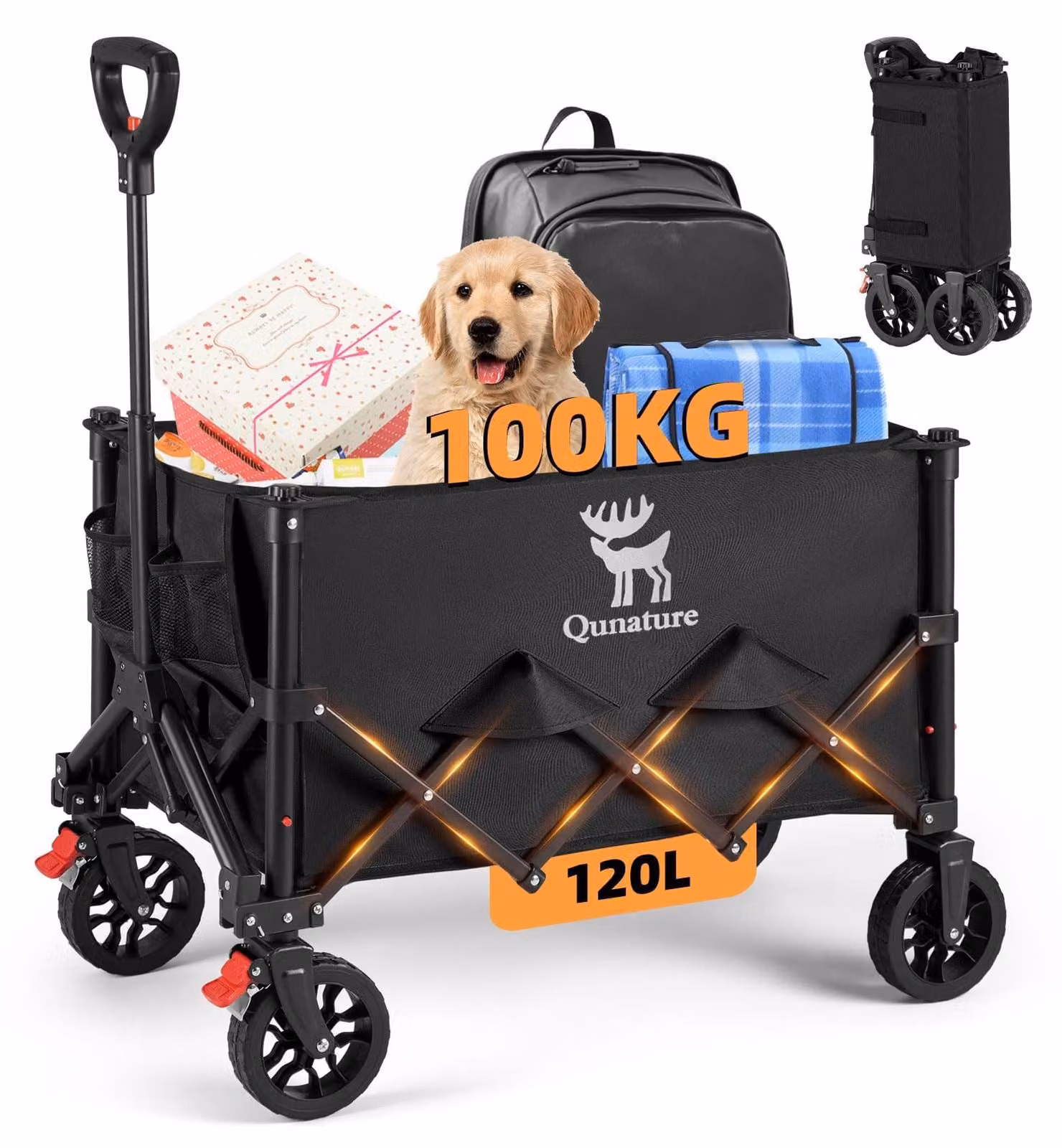 Carrello pieghevole con ruote grandi e capacità di 120 litri
