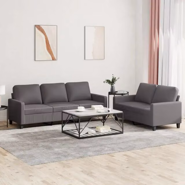Set di divani vidaXL da soggiorno in similpelle grigia con cuscini, composto da un divano a 2 posti e un divano a 3 posti, stile moderno