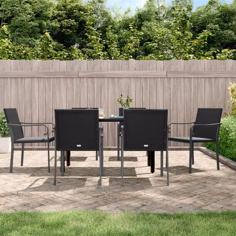 Set da pranzo da giardino vidaXL in polyrattan e vetro, 7 pezzi, nero e grigio, L: 140 cm, P: 70 cm, H: 74 cm