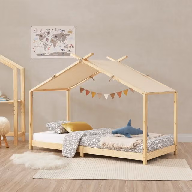 Letto Singolo Brome en.casa a Forma di Casetta in Legno di Pino Naturale per Cameretta Bambini L/P/H: 206 x 90 x 146 cm – 1