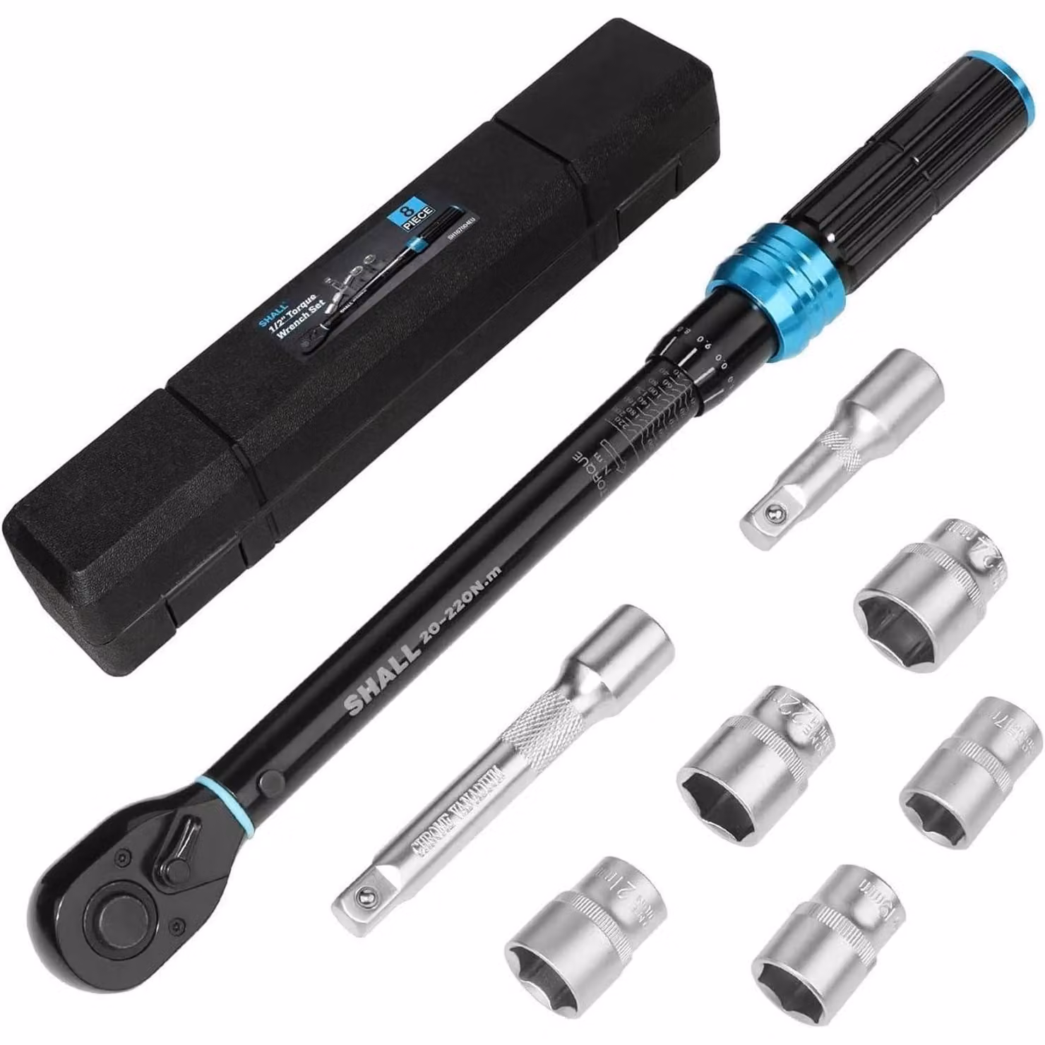 Set di chiavi dinamometriche a 7 pezzi, 1/2", da 20-220 Nm, per auto e moto, con prolunga e custodia
