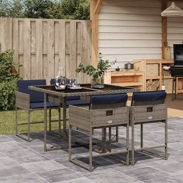 Set da pranzo da giardino vidaXL in polyrattan con tavolo in vetro e 5 sedie con cuscini Grigio – 1