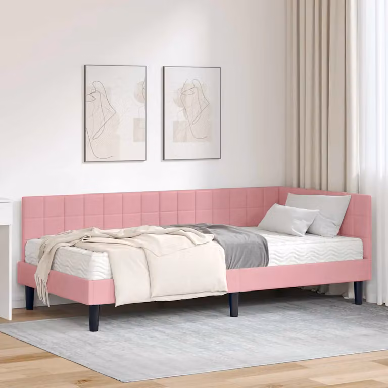vidaXL Struttura Letto Angolare con 2 Materassi in Velluto Rosa L 200 x P 90 cm