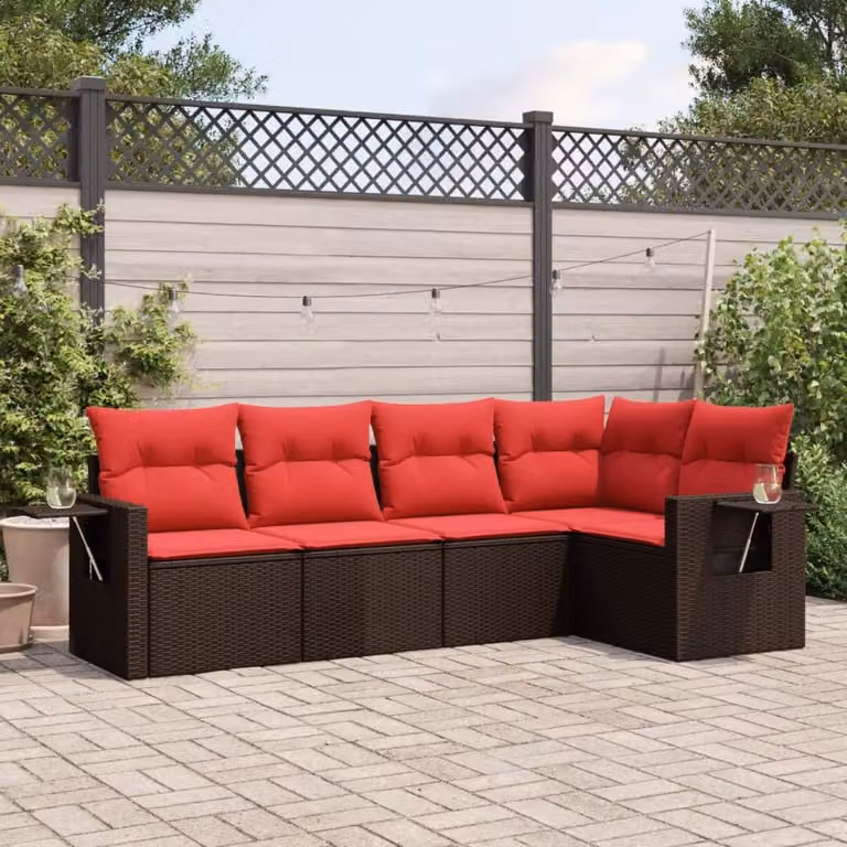 Set di divani da giardino vidaXL in polyrattan marrone con cuscini e struttura in metallo a forma di L