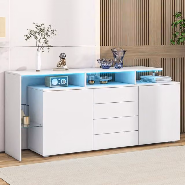 Credenza 160x35x70 cm con LED; 4 cassetti e vano in vetro; in truciolato bianco
