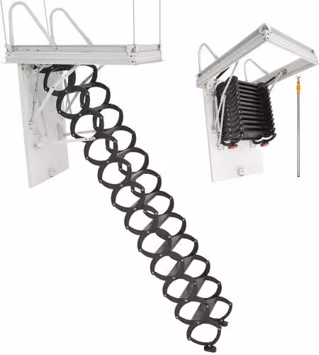 VEVOR Scala per Soffitta Pieghevole in Lega di Acciaio Bianca con Asta di Trazione, Capacità di Carico 299,4 kg, per Soffitti da 2,9 a 3,1 m
