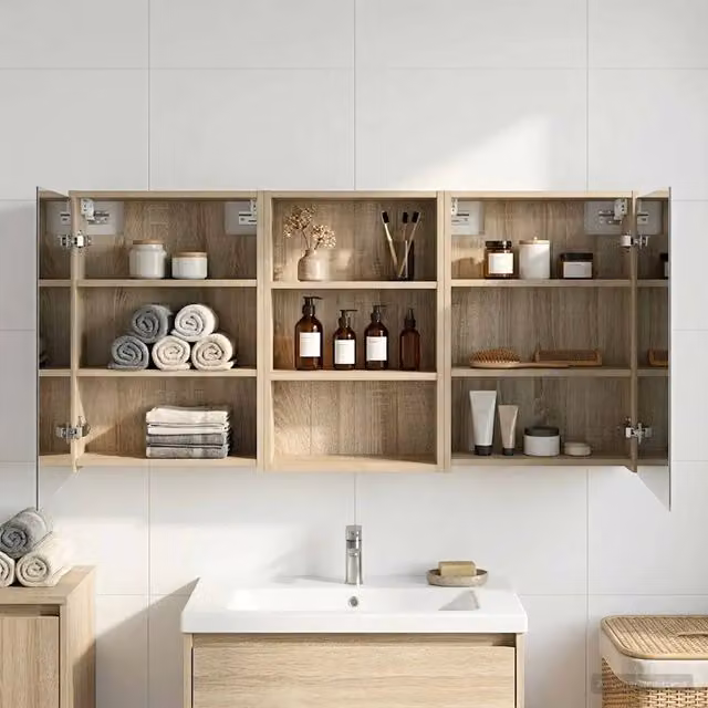 Set di 3 armadi da bagno con specchio e illuminazione LED vidaXL, beige, L/P/H: 126 x 16 x 62.5 cm