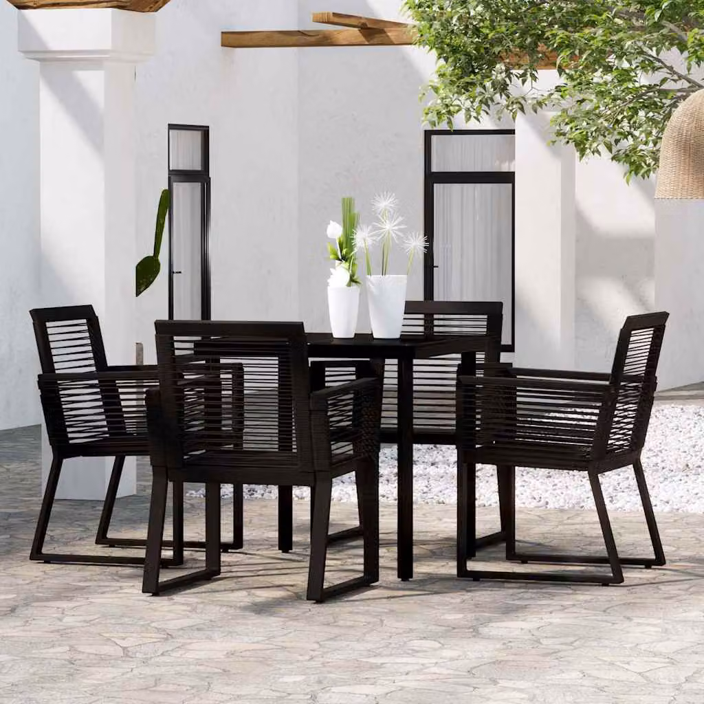 Set da pranzo da giardino moderno vidaXL in 5 pezzi nero con tavolo in vetro e sedie in metallo e rattan