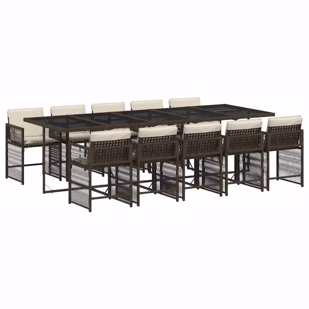 vidaXL Set da Pranzo da Giardino 11 pz in Polyrattan Marrone con Cuscini Bianchi e Tavolo in Vetro – 2