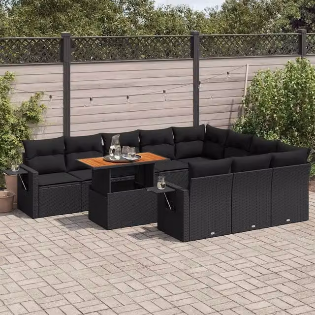 Set di divani da giardino a L vidaXL in polyrattan nero con 11 pezzi e cuscini inclusi – 1