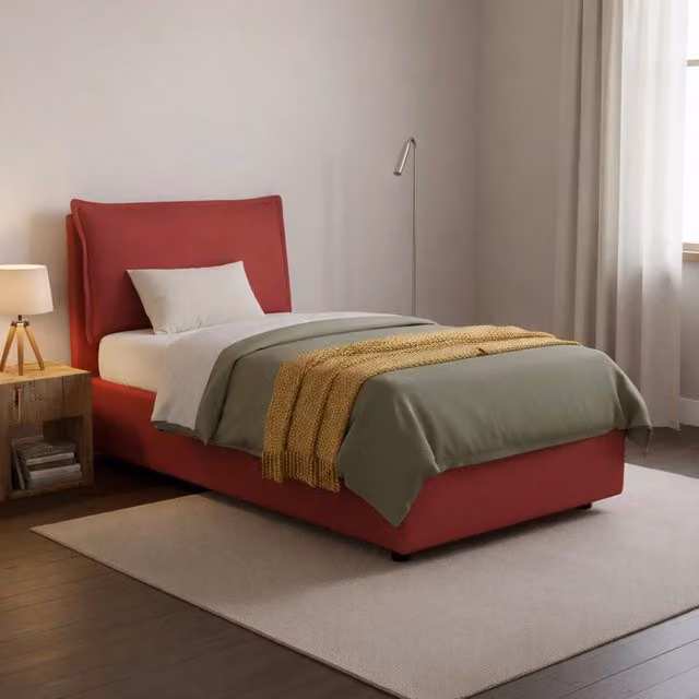 Letto singolo contenitore Talamo Italia con rivestimento in tessuto rosso e apertura frontale, adatto per materasso 80x190 cm