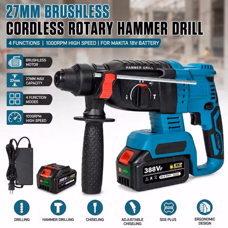 Trapano avvitatore a percussione – Modello a batteria – Diametro 27 mm – Motore brushless – 4 funzioni – 1000 giri/min – 2 batterie