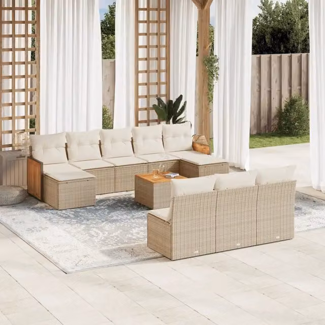 Set da giardino vidaXL in polyrattan composto da 11 pezzi con cuscini beige e tavolino da esterno in legno di acacia