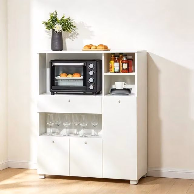 Mobile da cucina 90x40x120 cm con vani a giorno e cassetto in pannello truciolare bianco