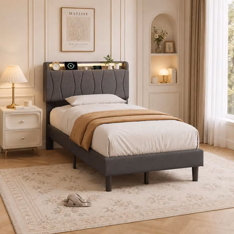 Letto imbottito INONEFT, 90x200 cm, con illuminazione LED, prese USB di tipo C e prese USB, letti singoli con spazio contenitivo nella testiera, letto per ragazzi con rete a doghe, colore grigio
