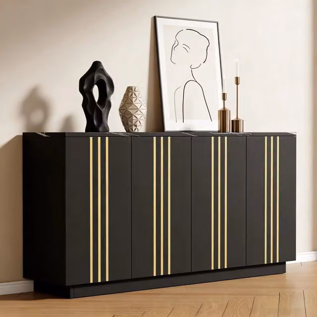Madia a 4 ante con 4 vani e divisori regolabili in pannello truciolare nero e oro 35 × 140 × 70 cm