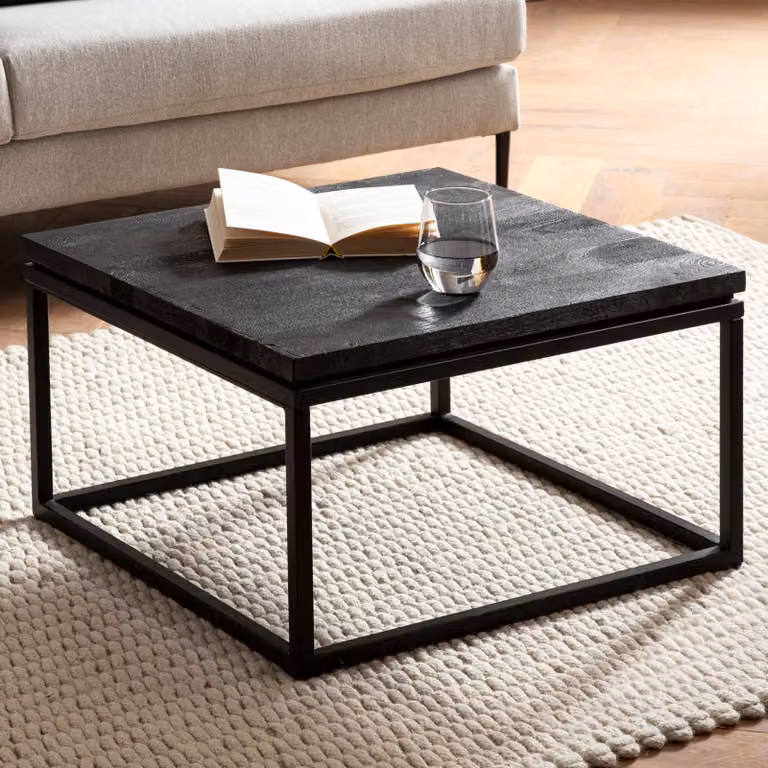 FineBuy, tavolino quadrato in legno massello di mango, 60 cm, nero. Tavolino da soggiorno con struttura in metallo, stile industriale moderno