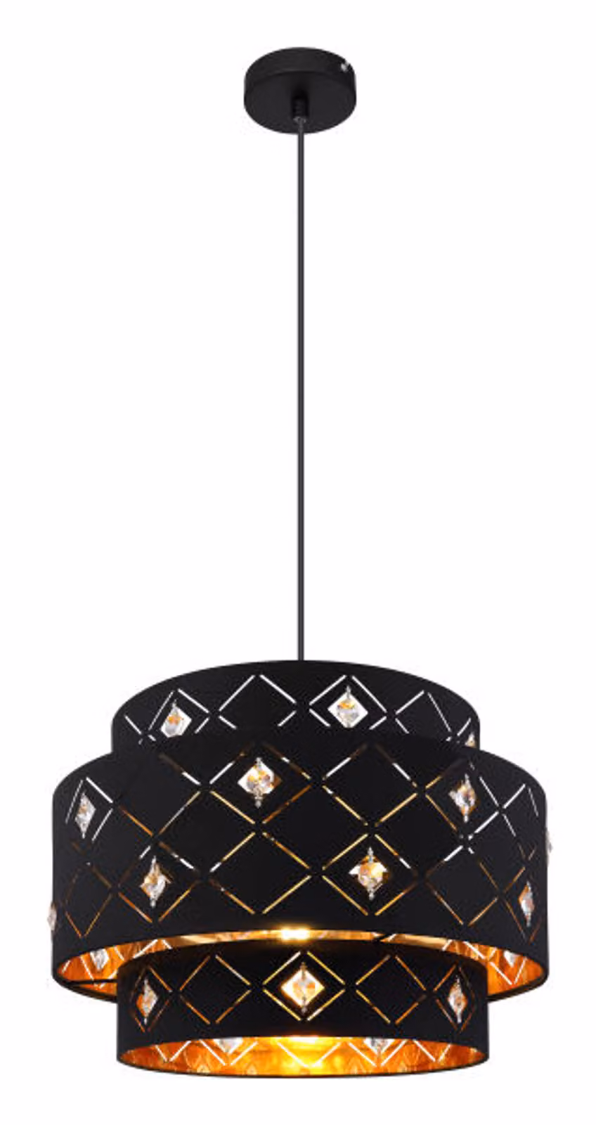 Globo Lighting lampada a sospensione metallo nero opaco, tessuto nero, cristalli acrilici trasparenti, cavo PVC nero, altezza accorciabile, paralume interno oro, ø: 400mm, H: 1400mm, escl. 1x E27 60W 230V