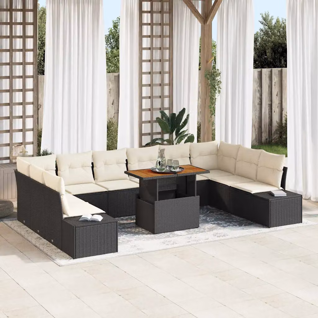 Set Divano da Giardino vidaXL 11 Pezzi a Forma di U in Poly Rattan Nero con Tavolino e Cuscini – 1