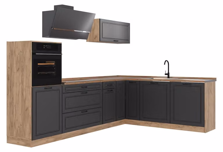 Cucina angolare completa Vicco R-Line Antracite country/Rovere dorato 287 x cm senza piano di lavoro, Model 68153