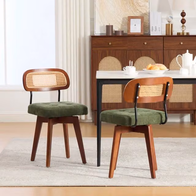Set di 2 sedie da pranzo MIVRAY girevoli a 360 gradi in ciniglia verde con schienale intrecciato in rattan e seduta imbottita stile mid-century – 1