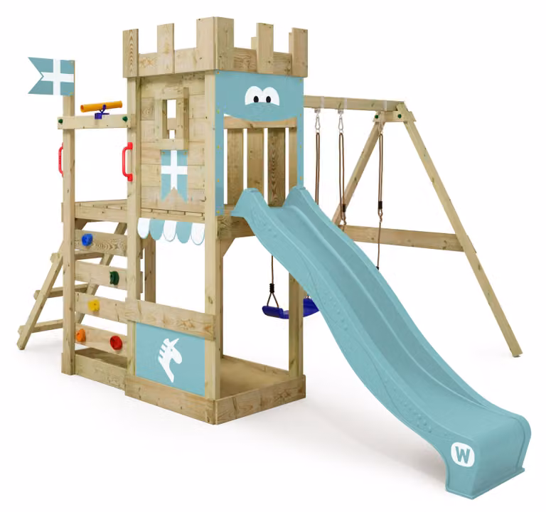 Torre giochi Wickey RoyalFlyer con altalena e sabbiera in azzurro cielo