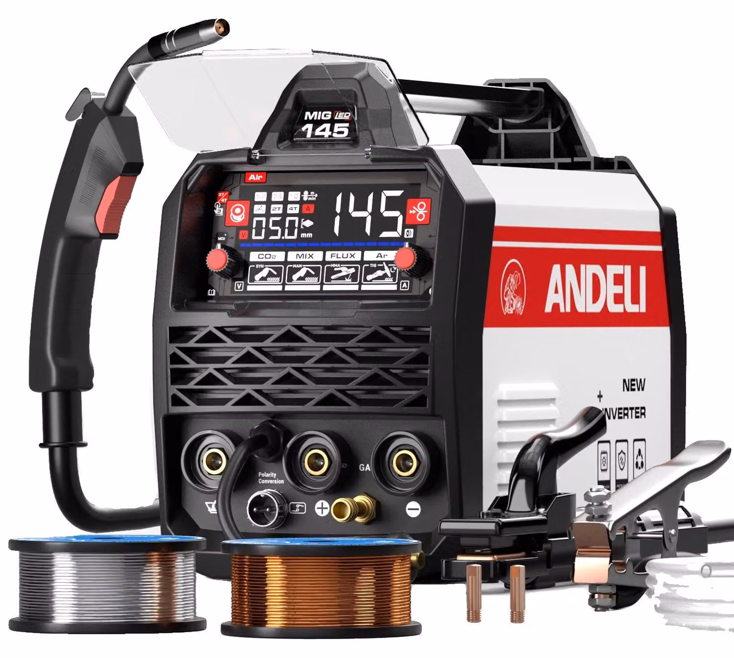 Saldatrice, inverter IGBT, funzionalità 4-in-1, MIG-145 con sistema di raffreddamento ad aria