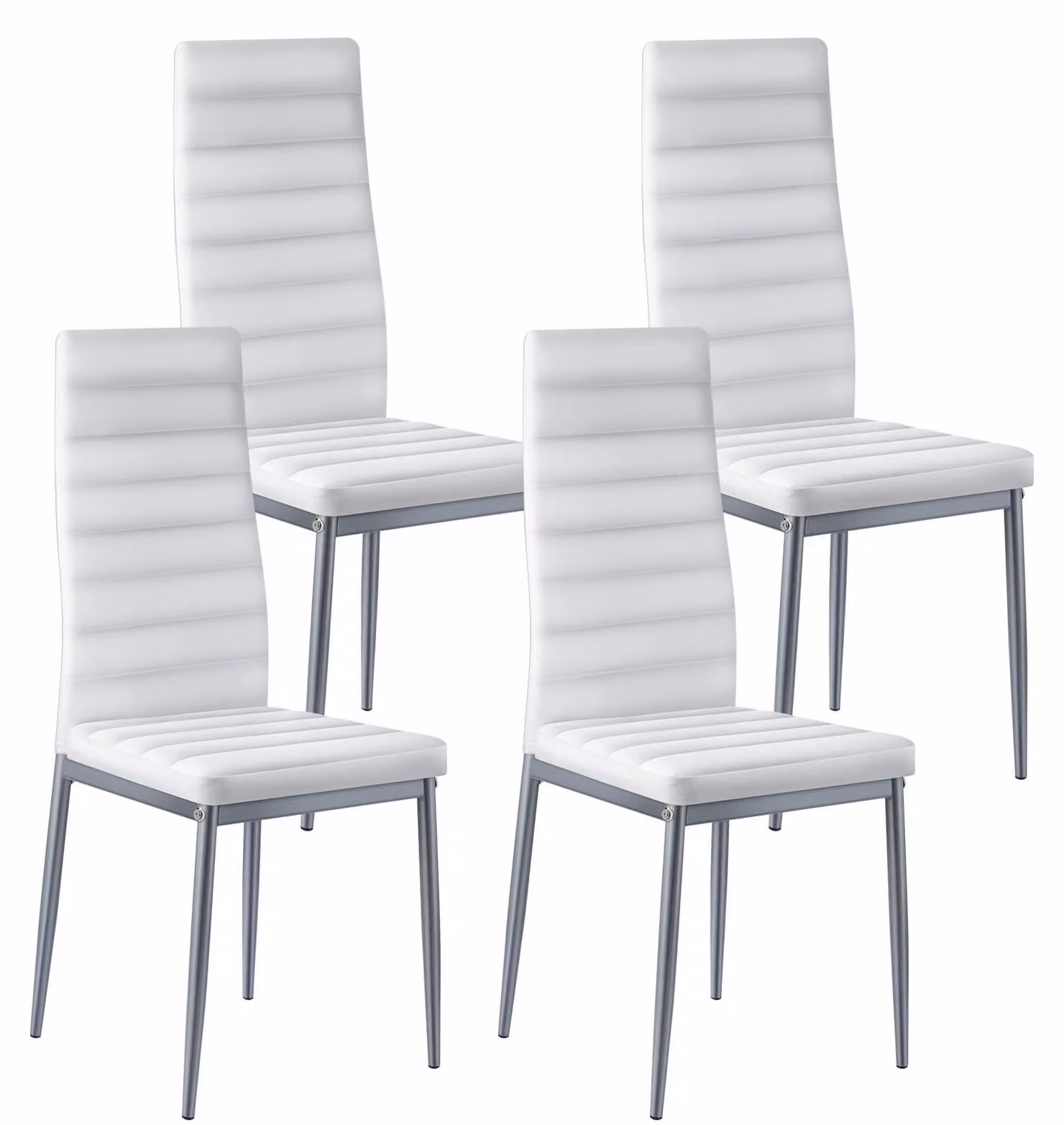 Set di 4 sedie da pranzo, colore bianco, dimensioni 465x405x970 mm, aspetto in pelle, gambe in metallo, capacità massima 136 kg