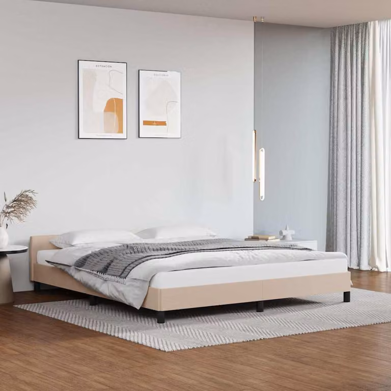 Giroletto con testiera imbottito vidaXL in tessuto e similpelle, colore beige, L/P/H: 160 x 200 x 166 cm