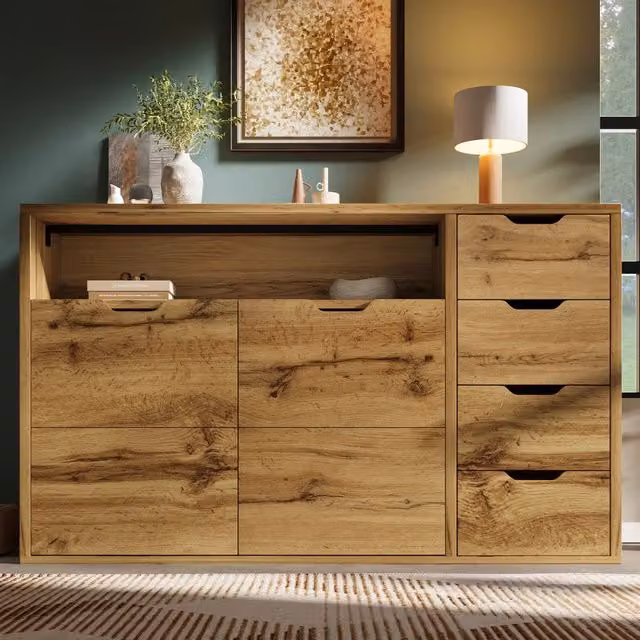 Madia Mivray in stile industrial con 2 ante, 4 cassetti e vano aperto, finitura rovere marrone e struttura in metallo nero, L 150 x P 40 x H 90 cm