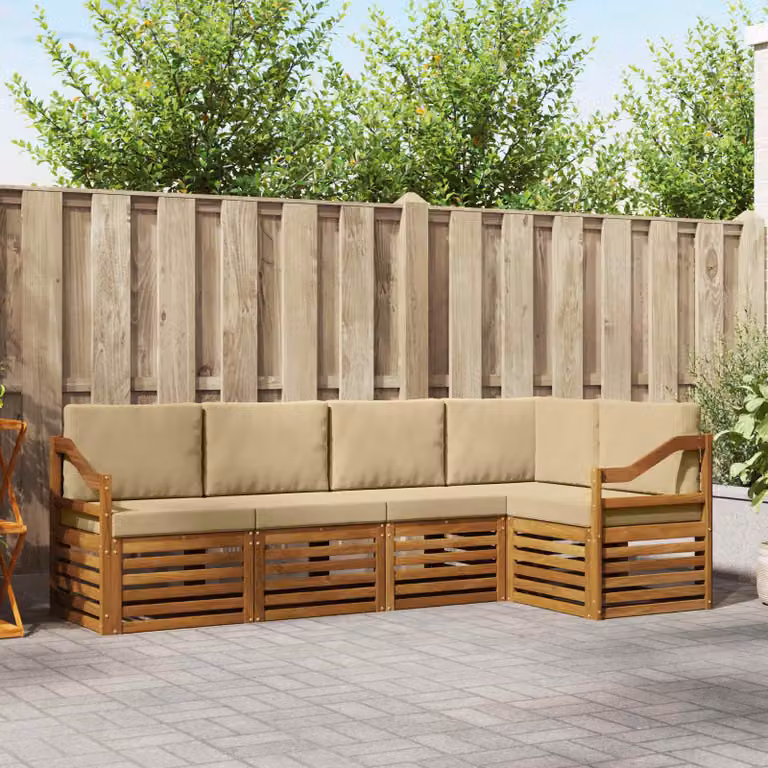 Set di divani da esterno vidaXL a forma di L in legno di acacia con cuscini, Beige e Bianco