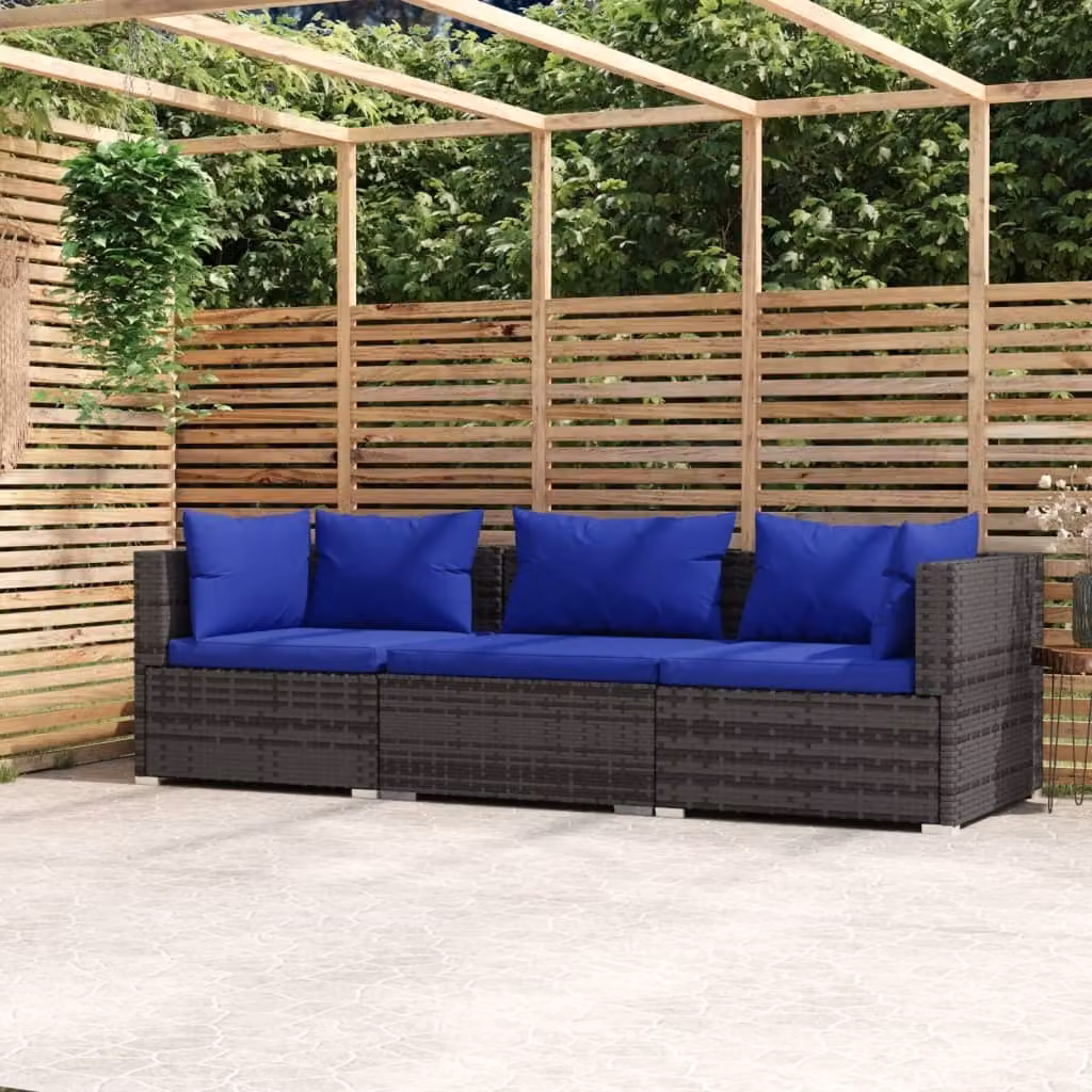 The Living Store Divano a 3 posti con cuscini in poly rattan grigio