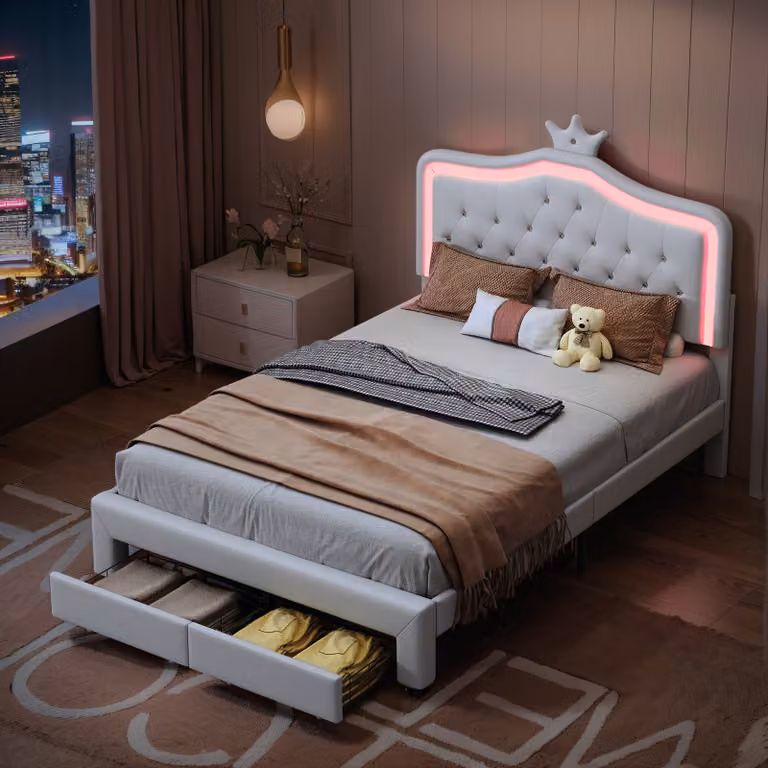 Letto imbottito Fortuna Lai 140x200cm con rete a doghe, letto per ragazzi con led e cassetto, letto matrimoniale con cornice a , PU, bianco