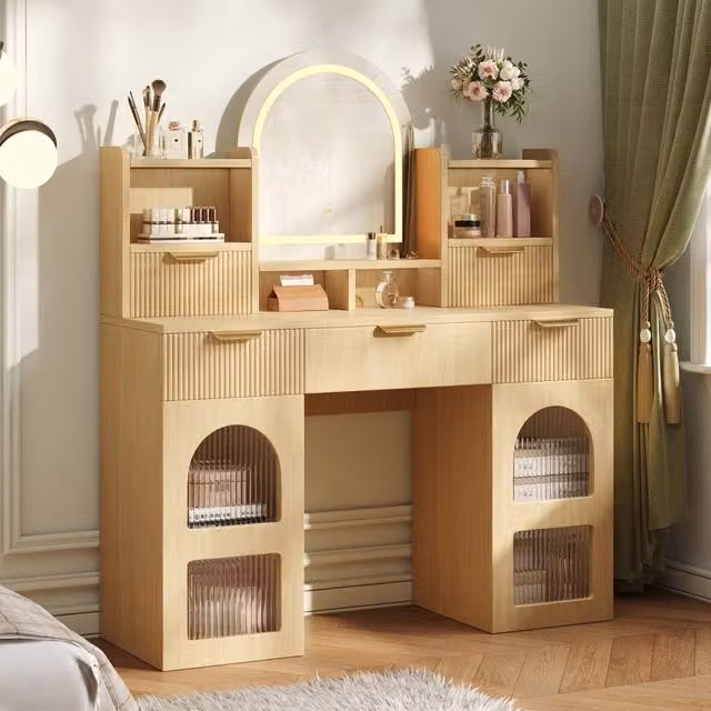 Scrivania Toeletta con Specchio e LED ¨C MINIMAL ¨C Legno, 3 Cassetti, 120x40x139