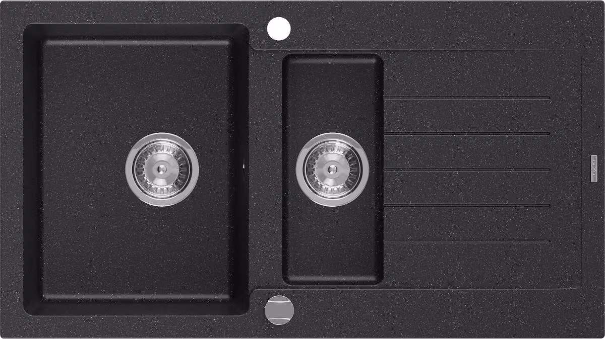 Mexen Matias lavello in granito 1,5 vasca con sgocciolatoio 900 x 505 mm, nero/metallo argento, sifone cromato - 6502901505-73