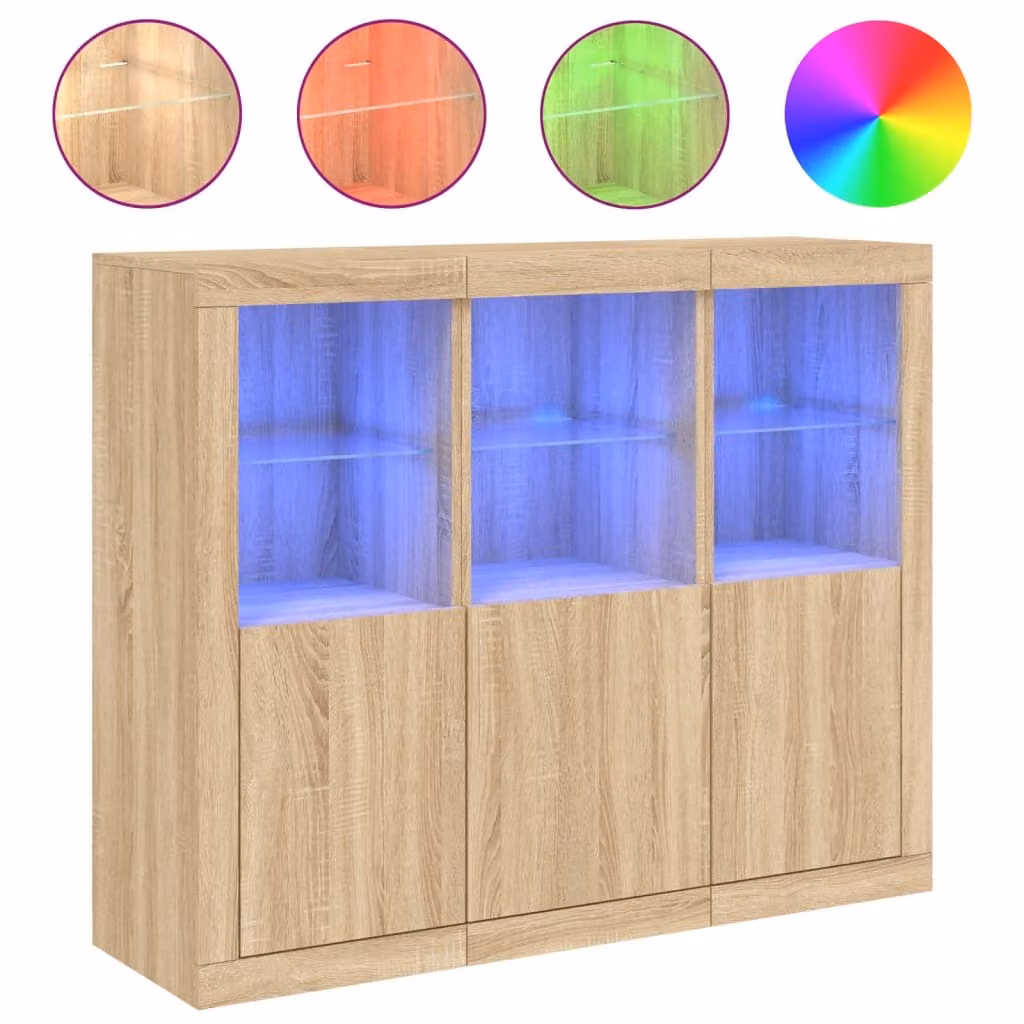 Credenze con Luci LED 3 pz Rovere Sonoma in Legno Multistrato