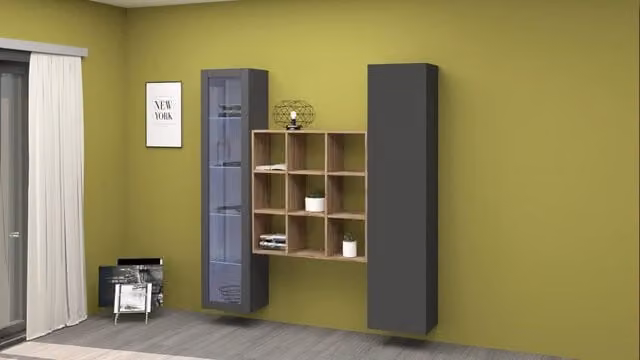 Parete attrezzata sospesa moderna armadio libreria vetrina antracite Tilla RT