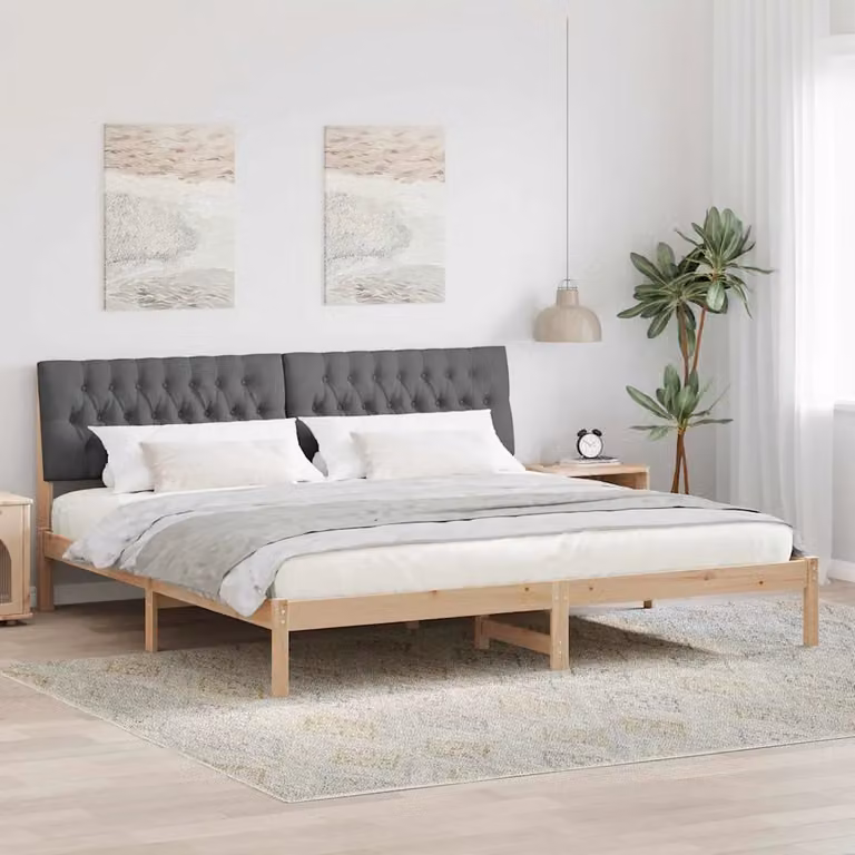 Letto moderno vidaXL con testiera rivestita in tessuto e struttura in legno di pino, Marrone, 200 x 200 cm