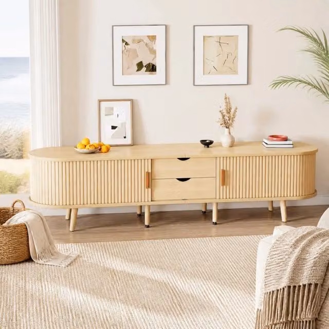 Mobile TV ULEVR 170x40x42 cm con 2 cassetti e 2 ante scorrevoli, MDF effetto noce chiaro