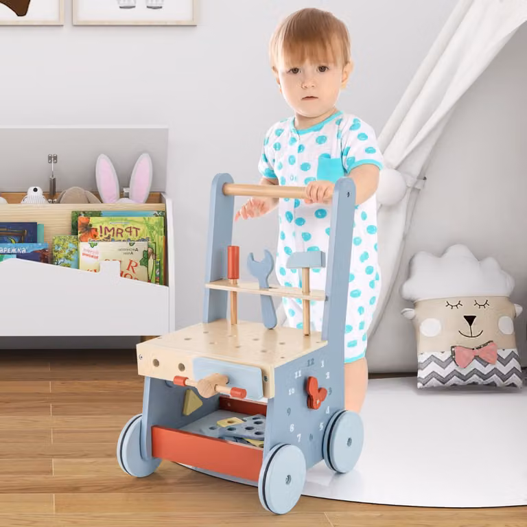 Carrello primi passi Costway in legno multifunzione con attrezzi, camminatore per bambini blu e multicolore, L/P/H: 30 x 30 x 47 cm