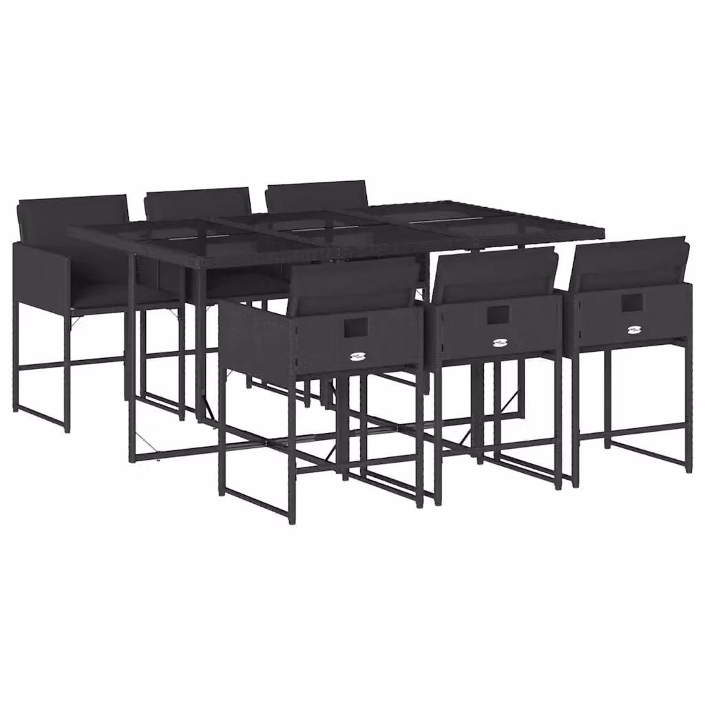 Set da pranzo da giardino vidaXL in polyrattan nero con cuscini e tavolo in vetro, 7 pezzi – 2