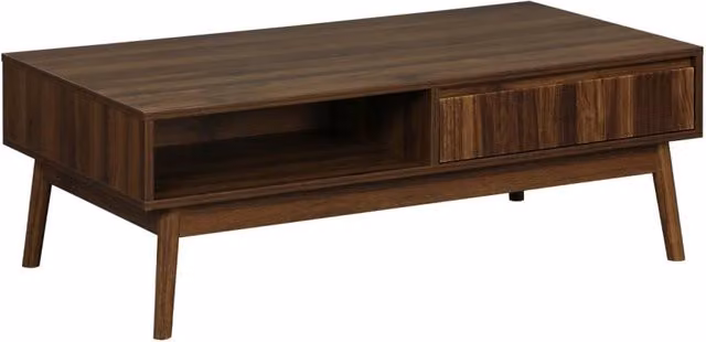 Tavolino scandinavo Sweeek in legno di pino con decoro scanalato, 2 nicchie e 1 cassetto, L: 59 cm, P: 39 cm, H: 50 cm, colore beige/marrone – 1