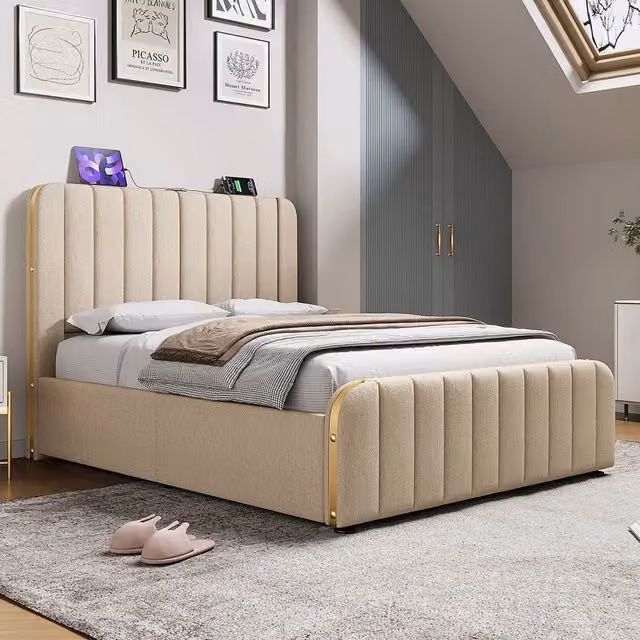 Letto a cassone imbottito - Xylo - 140x200 cm - Beige - Testiera imbottita doppia con USB Type-C