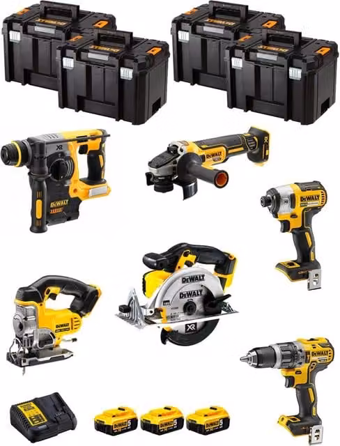 Kit DeWALT DWK600T con avvitatore, martello perforatore, smerigliatrice, avvitatore a impulsi, seghetto alternativo, troncatrice, 3 batterie da 5,0 Ah, caricabatterie e 4 contenitori TSTAK VI, Giallo