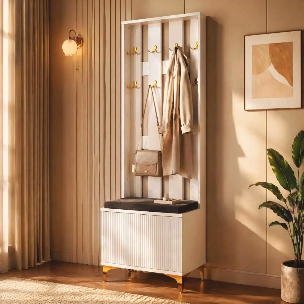 Armadio guardaroba moderno bianco con ante push-to-open e dettagli dorati in MDF L: 60.5 cm, P: 35.2 cm, H: 180.5 cm