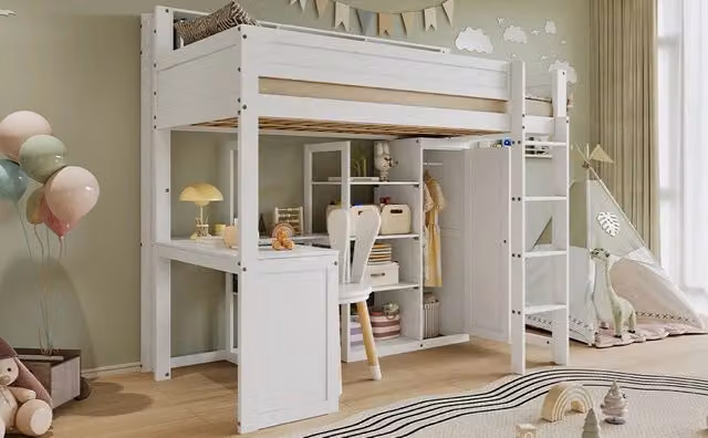 Letto a castello bianco 90×200 cm in pino, MDF e compensato, con scrivania, armadio, ripiani, spondine e scala a 4 gradini, senza materasso
