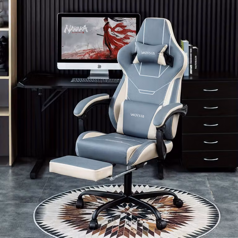 Sedia da gaming, sedia da ufficio, sedia per videogiochi, ergonomica, regolabile, con poggiapiedi, colore azzurro chiaro