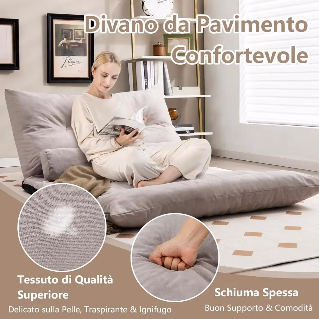 Costway Divano letto 2 posti pieghevole con schienale regolabile e 2 cuscini, Divano da terra trasformabile per soggiorno o camera da letto, Grigio – 2