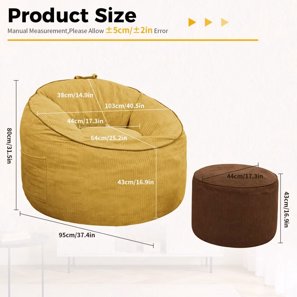 Poltrona pouf ergonomica curva con tasca laterale e poggiapiedi cilindrico coordinato WISHDOR Gialla – 2
