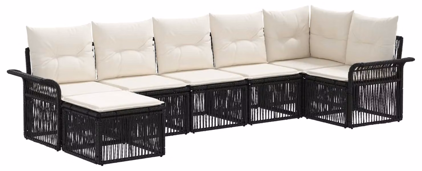 Set da giardino composto da 7 pezzi, colore nero, realizzato in rattan sintetico